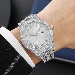 Reloj de cuarzo con diamantes de imitación brillantes para hombres, pulsera de Hip Hop, longitud de banda personalizada, cinturón de acero Iced Out, negocios