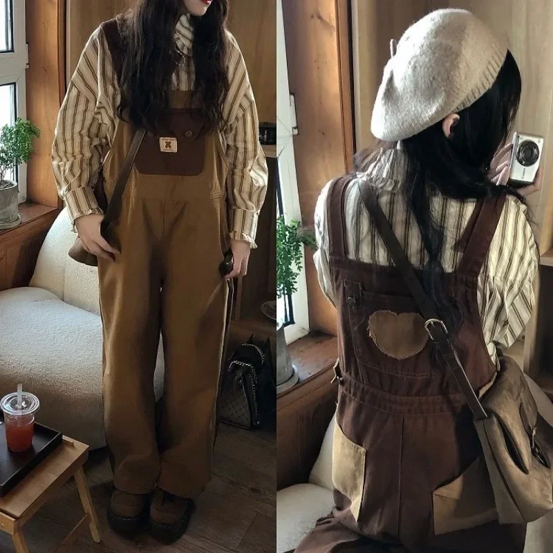 Vintage Kawaii Denim Jumpsuit Overalls Women College Style Girls Brown Blue Loose Casual Wide Leg Pants Jeans All Match Trousers