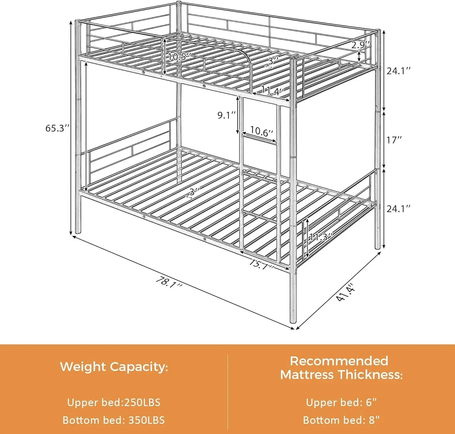 Metal Bunk Bed with Ladder and high Guardrail, Able to Split, Storage Space, Noise Free,Twin Over Twin Size Bunk Bed,Black/White