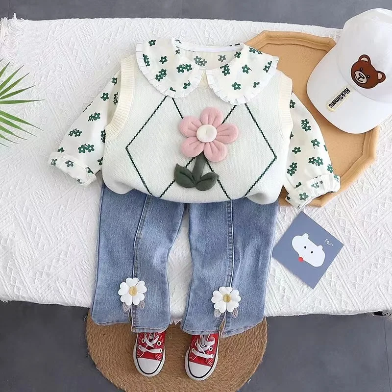 

Korean Baby Clothes Spring and Autumn 2023 New Sets For Children 3D Floral Sweater Vest+Embroidered Shirt+Jeans 3-Piece Set