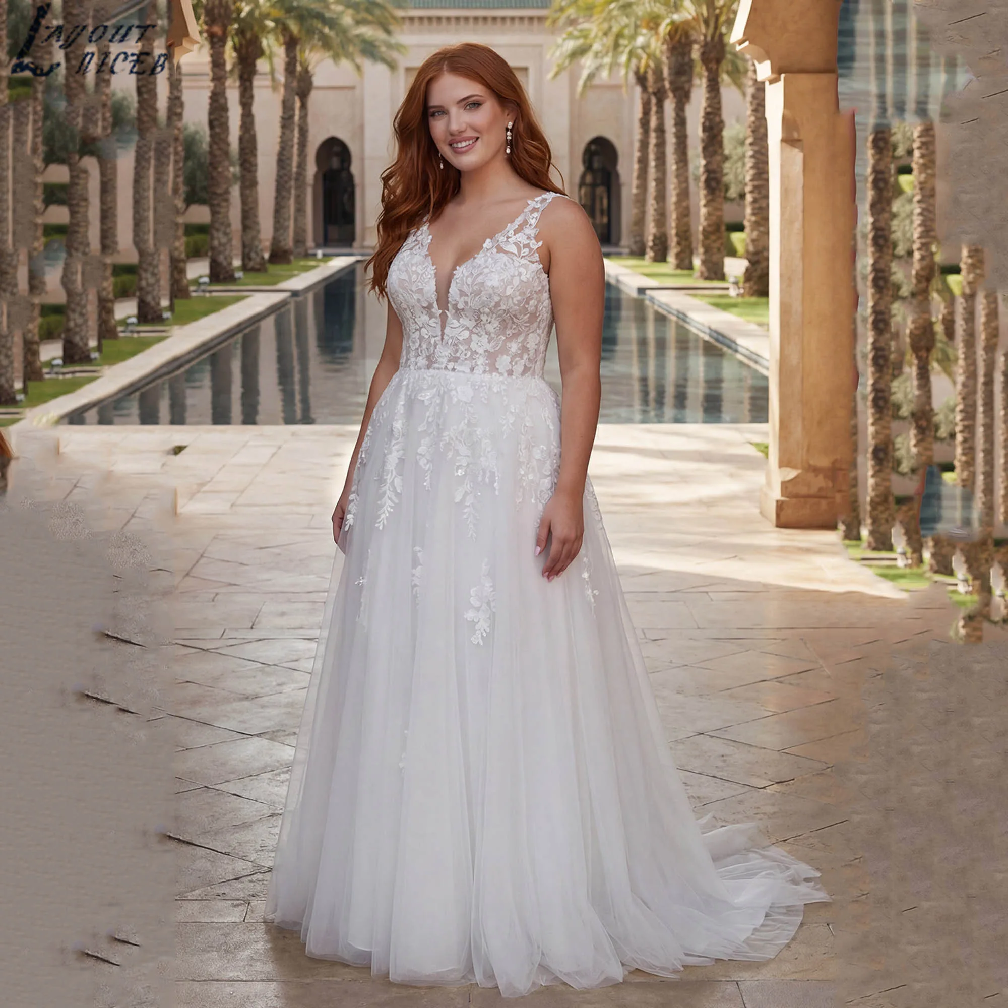 

Deep V-neck Tulle Wedding Dress Plus Size Sleeveless A-line Appliques Bridal Gowns V-back Romantic vestidos de novia Customized