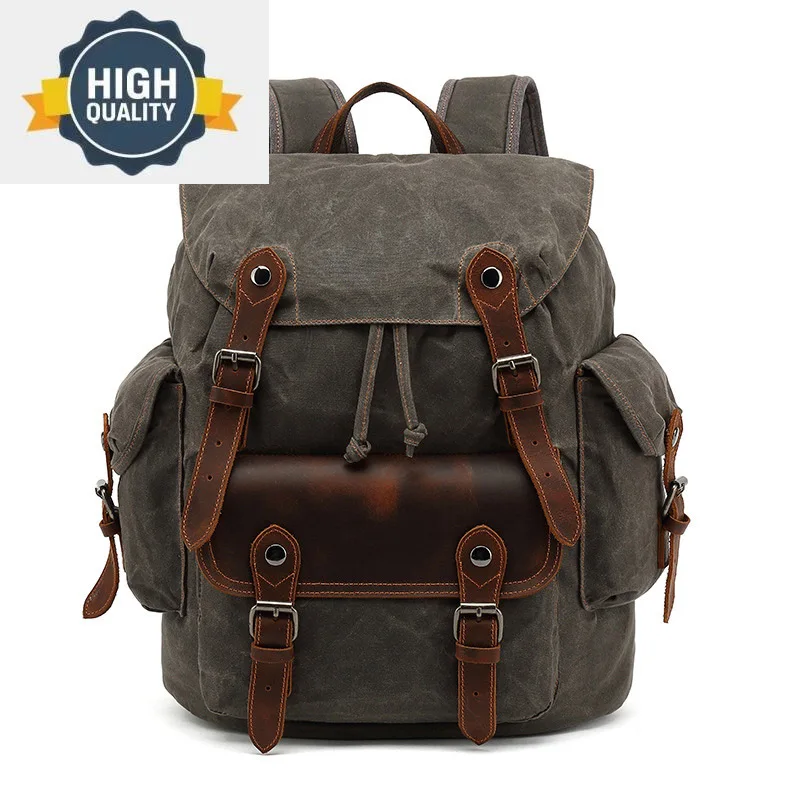 

Backpacks Vintage Canvas For Men Oil Wax Leather Laptop Backpack Travel Waterproof School Daypacks Retro Bagpack Large Capacity