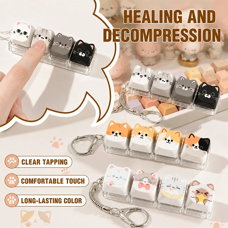Cute Cat Relax Button Keycap Creative Kawaii Cat Keyboard Fidget Toy for Friends Gift Portable Fidget Keychain Fashion Bag Charm