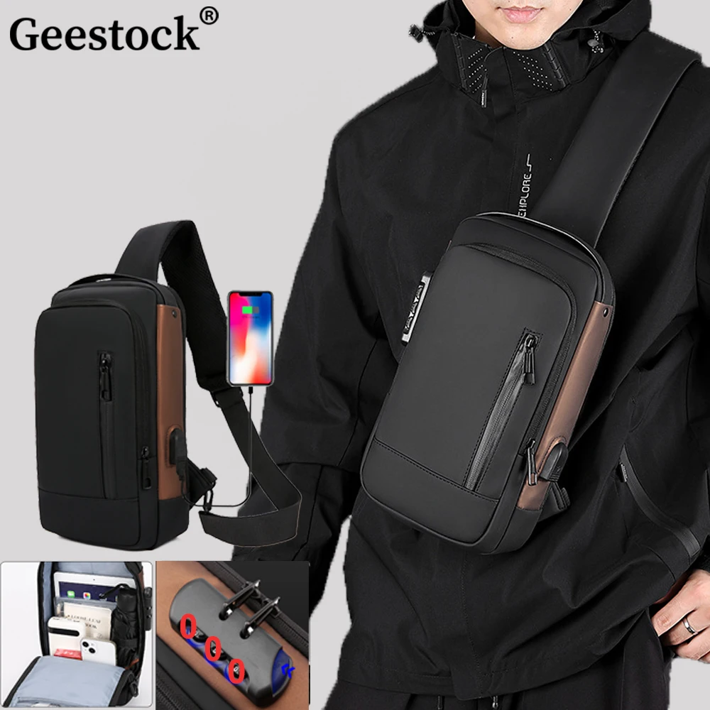 

Geestock Men's Crossbody Bag Multifunctional Chest Bag USB Shoulder Bags Anti-Theft Sling Bag Travel Messenger Cross Bag For Men