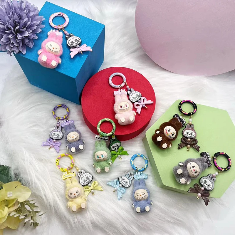 New Flocking Mini Vinyl Cute Granules Labubu Pendant Keychain Bag Pendant Kawaii Mobile Phone Chain Hanging Decorations Gifts