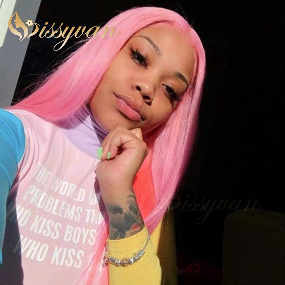 Missyvan Wig Sintetis Renda Depan Rambut Lurus Panjang Wig Renda Warna Mawar Gratis Bagian Wig Sintetis Tanpa Lem Rambut Merah Muda untuk Wanita