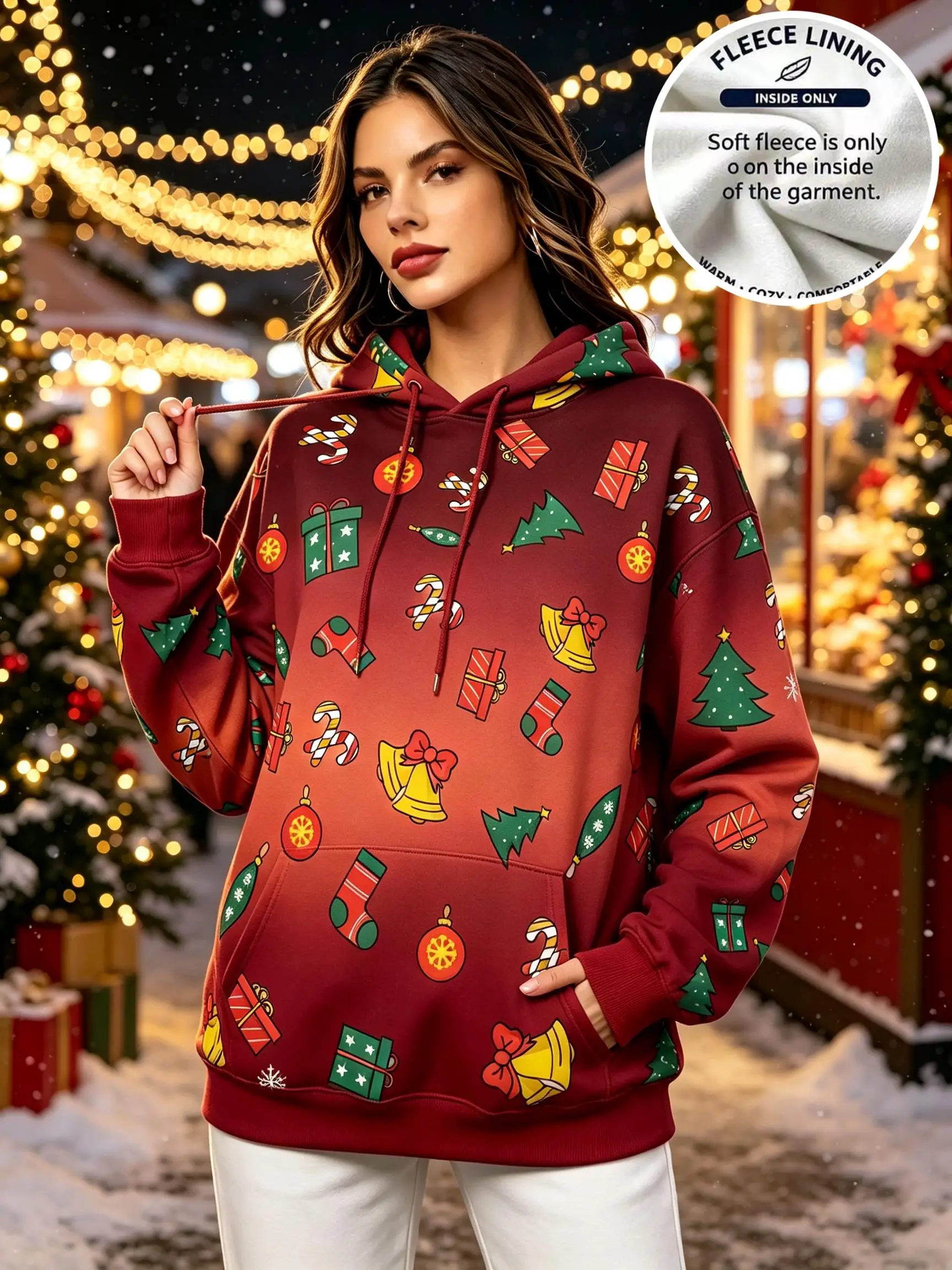 Women Christmas Allover Xmas Tree Gift Snowman Gingerbread Candy Cane Fleece Hoodie Red Gradient Pocket Sweatshirt