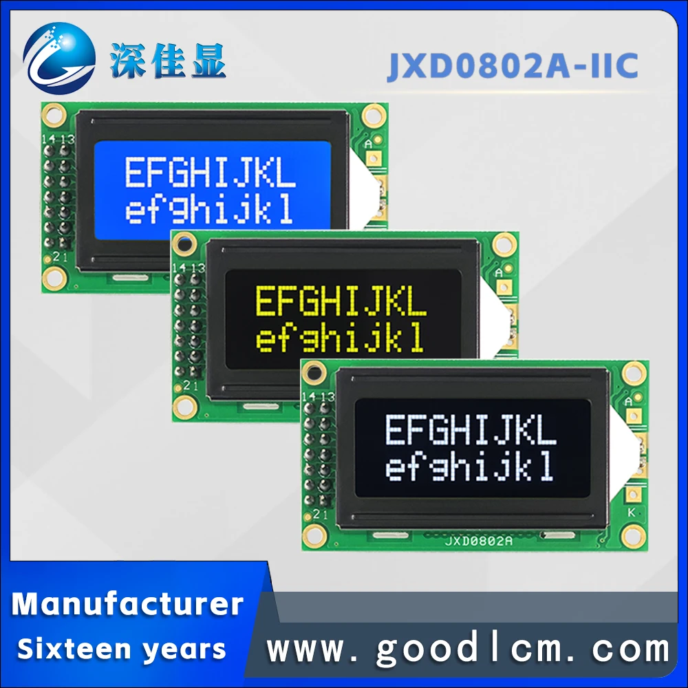 

supports IIC/I2C Available in multiple colors 0802 character dot matrix screen JXD0802A clear LCD module ST7066/AIP31066 drive