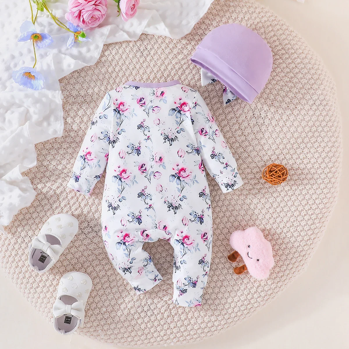 Newborn Baby Floral Print Long Sleeve Romper with Matching Hat Soft Cotton Infant Jumpsuit 5 Colors Coming Home Outfit ZYD47