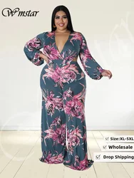 Wmstar Plus Size Jumpsuit Women Fall Clothes Print One Piece Outfits V Neck Wide Leg Office Ladies Romper Wholesale Dropshipping