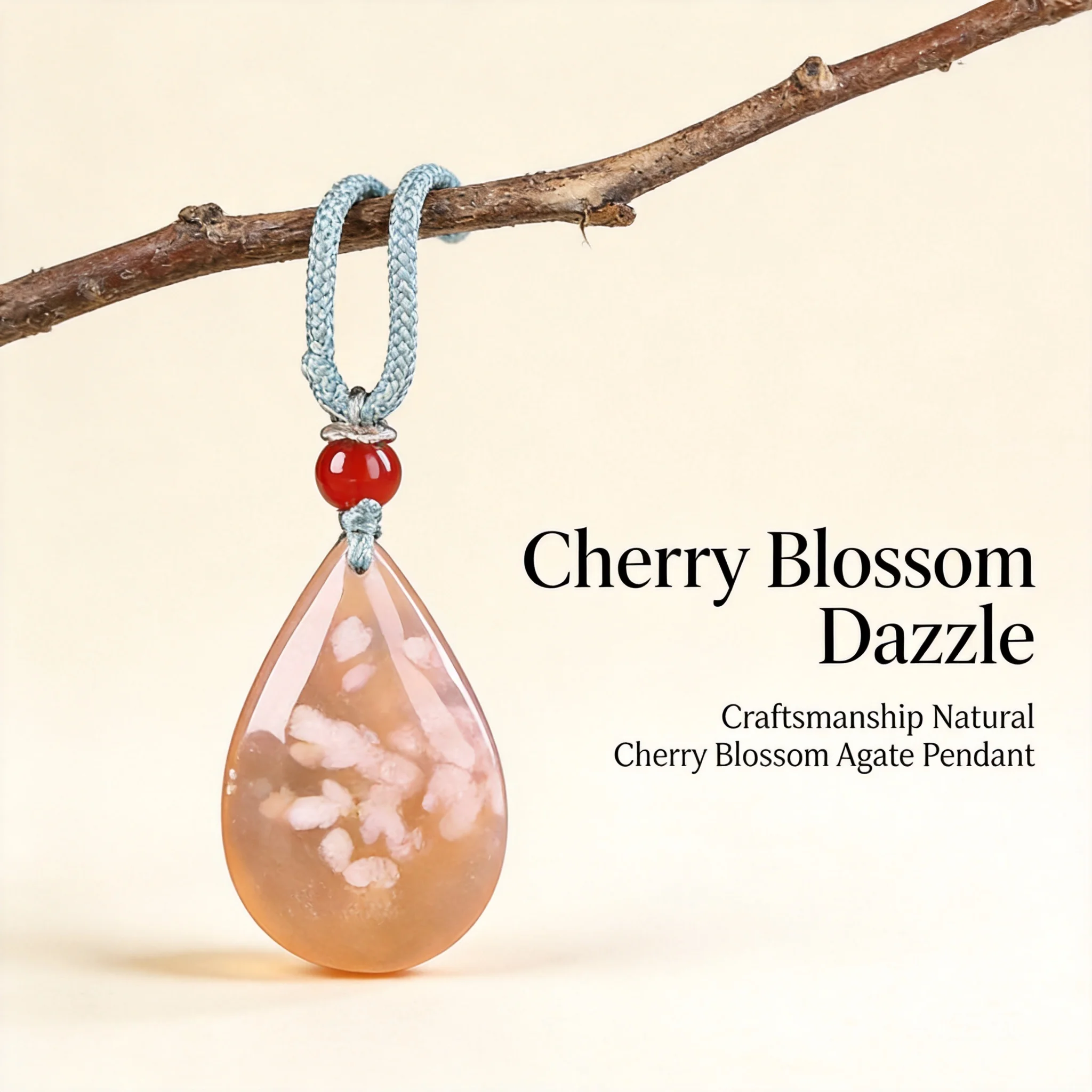 Chinese Style Good Luck Cherry Blossom Agate Water Drop Pendant Necklace Unisex Icy Translucent Floating Flower Blessing Fortune