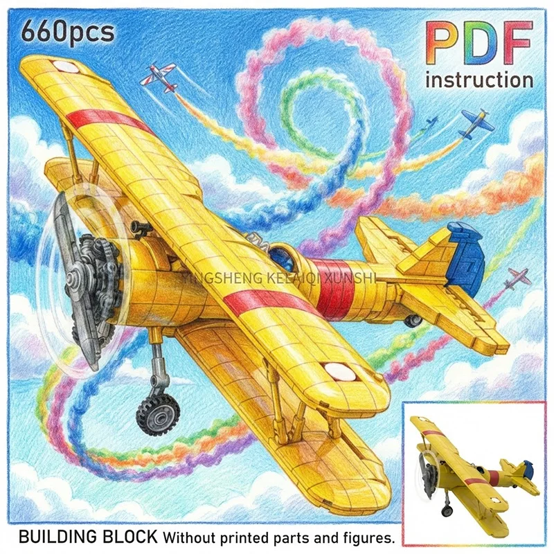 

Винтажная модель самолета-биплана MOC с красной полосой и вращающимся пропеллером, желтый цвет