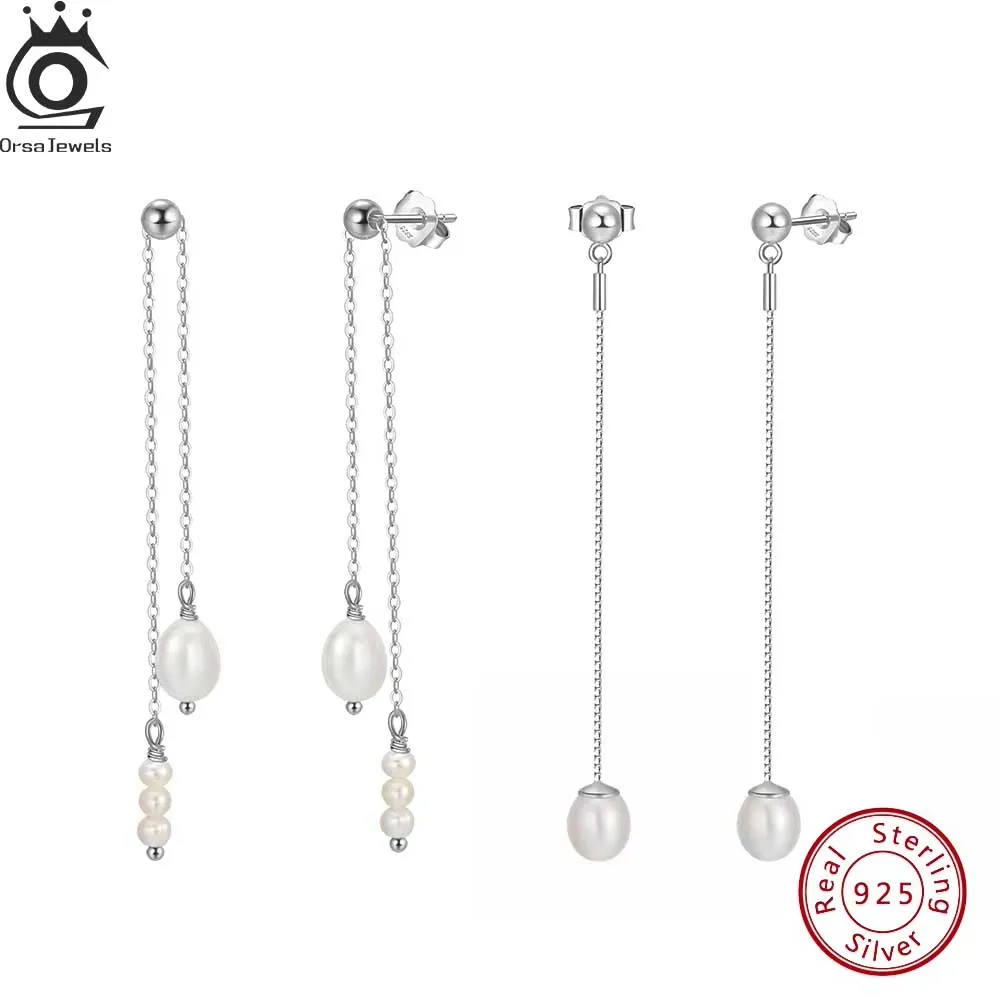 

ORSA JEWELS 925 Sterling Silver Natural Pearl Dangling Drop Earrings Tassel Simple Elegant Fine Jewelry Wedding Party Gift GPE21