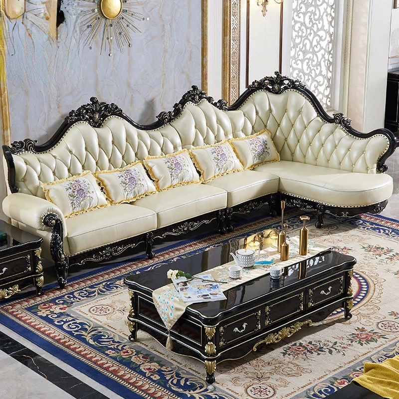 European style solid wood sofa, black sandalwood corner leather sofa