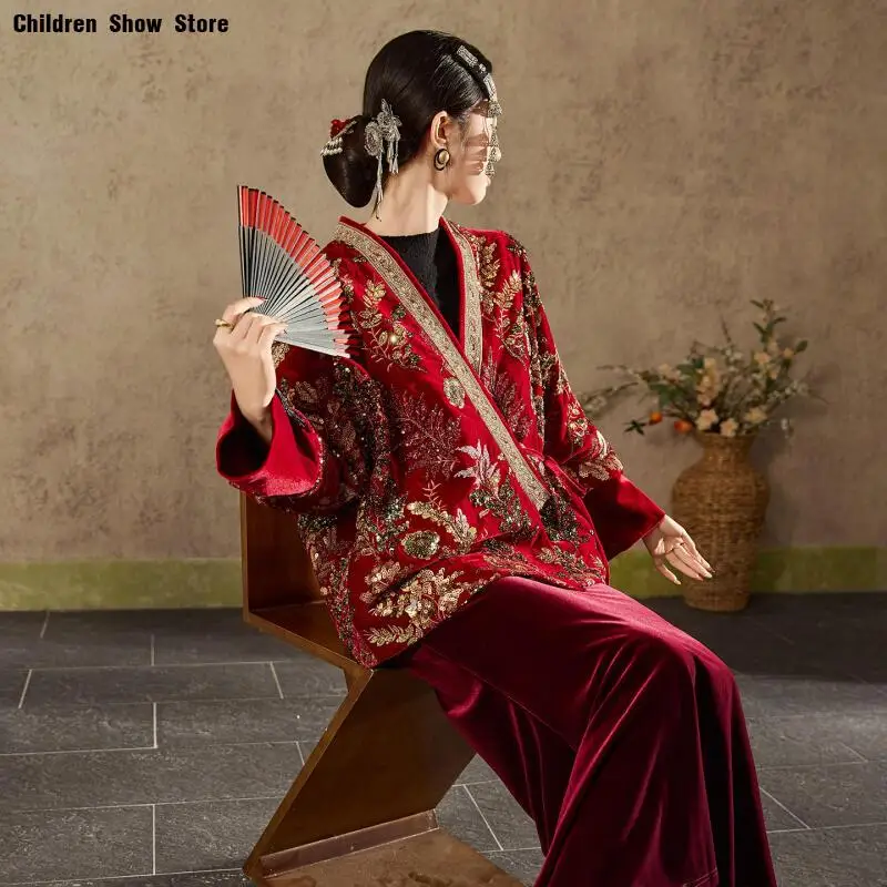 2026New Chinese Style Hanfu Coat Women Luxury Embroider Flower Tang Clothes Velour Skirt V-Neck Cardigan Improved Tang Clothes