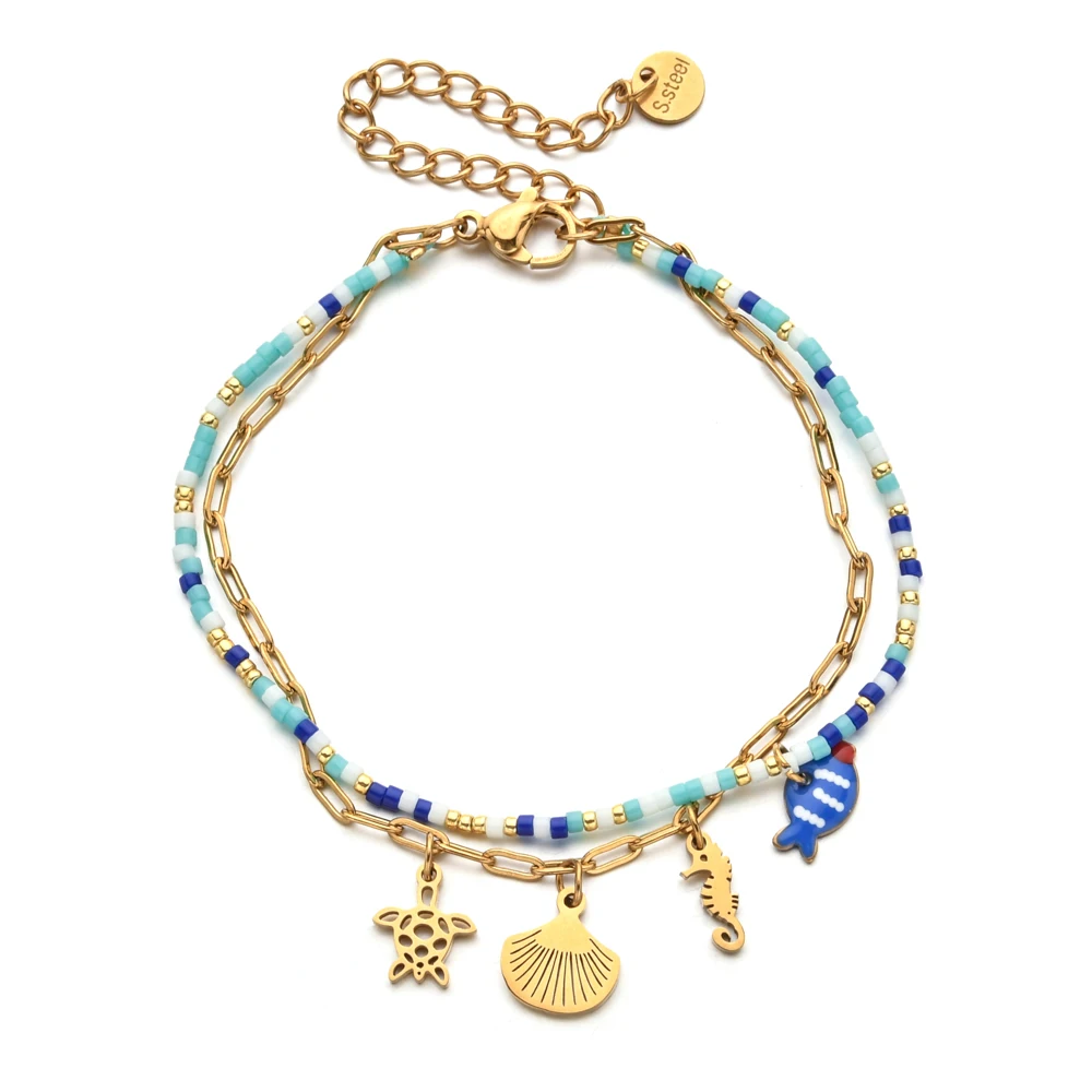 Gold Color Shell Starfish Charm Bracelets For Women Gold Plated Stainless Steel Jewelry Ocean Style Waterproof Chain Beach Gift