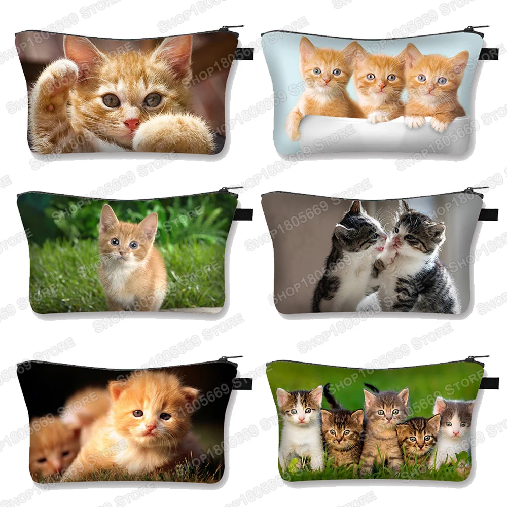 Bonito felis catus impressão caso cosmético animal de estimação gato padrão compõem saco sacos de higiene pessoal batom chave armazenamento mini bolsa sacos cosméticos