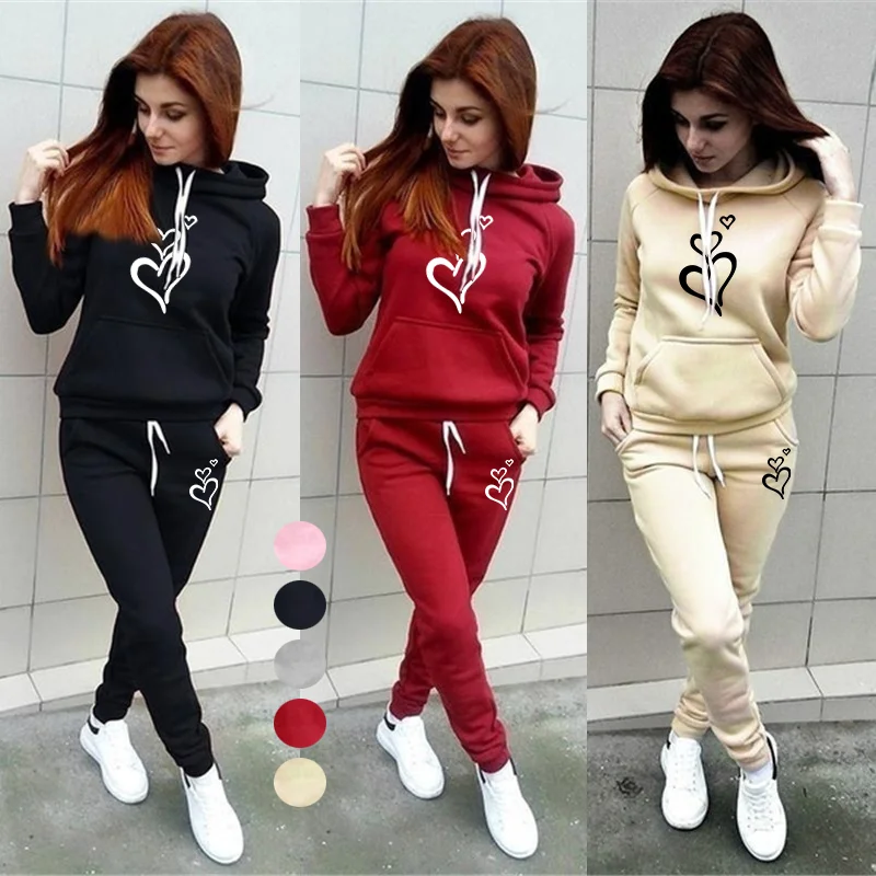 Autumn and winter fashion Harajuku jogging clothes fashion sportswear Women\'s LOVE print leisure hooded pants two-piece set