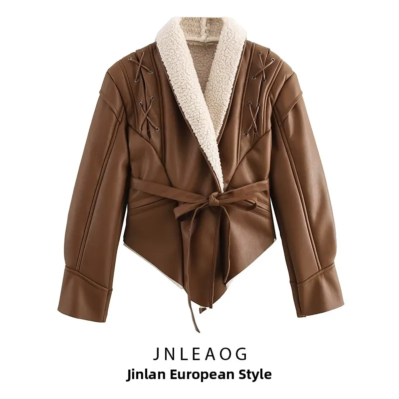 JNLEAOG Autumn New Women's Faion Irregular Belted Warmth Leather Fur Inteated Outerwear Jaet Stand Polyester