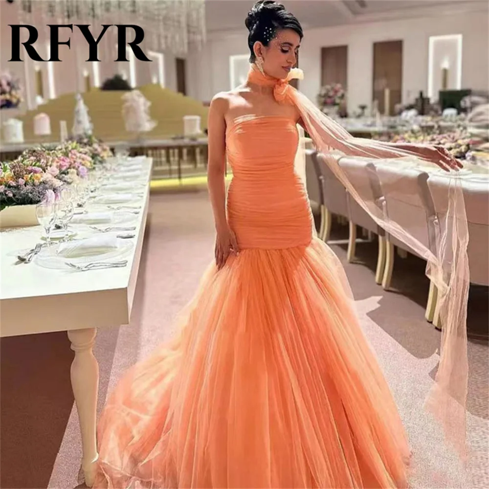 

RFYR Orange Evening Dresses Vestidos De Fiesta Sleeveless Prom Dress with Pleat Trumpet Strapless Robes De Soirée Customized