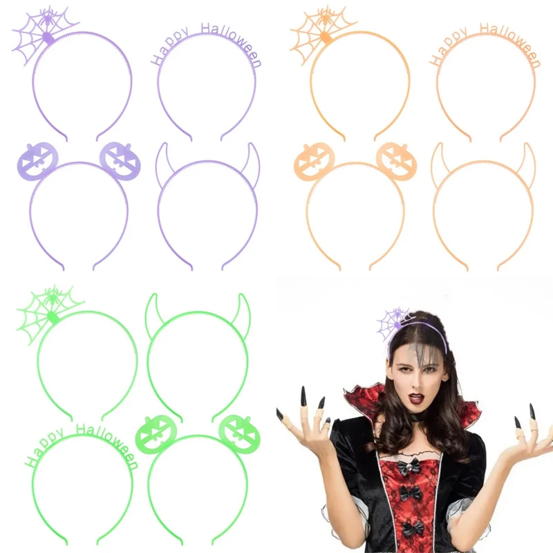 4pcs/set Halloween Glow-In-The-Dark Fun Kids Hair Band Women's Party Adult Hair Accessories Spider Web Pumpkin Hair Band