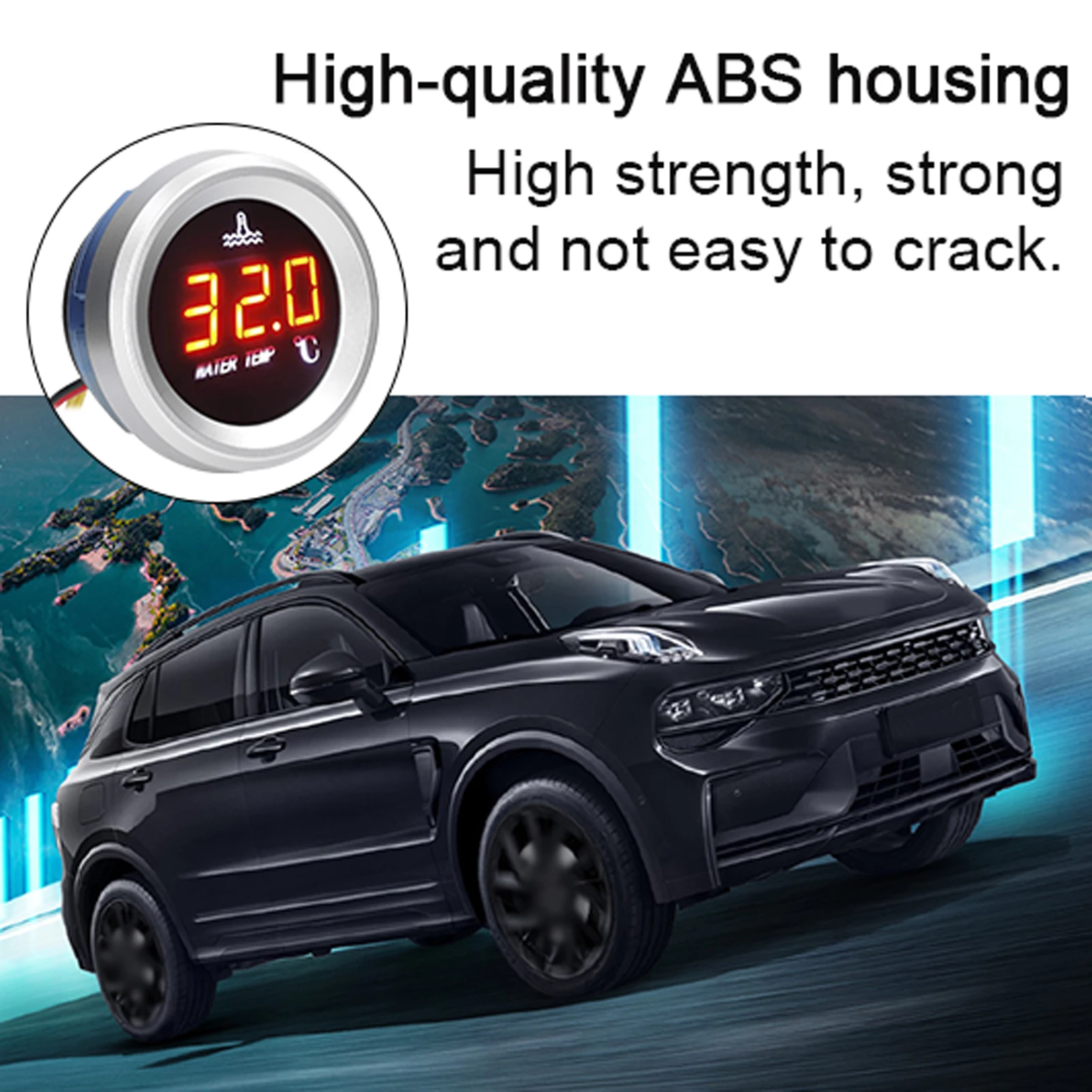 52mm Water Temperature Gauge Car Digital Meter LED Display 9-36V with Temperature Sensor Alarm Function