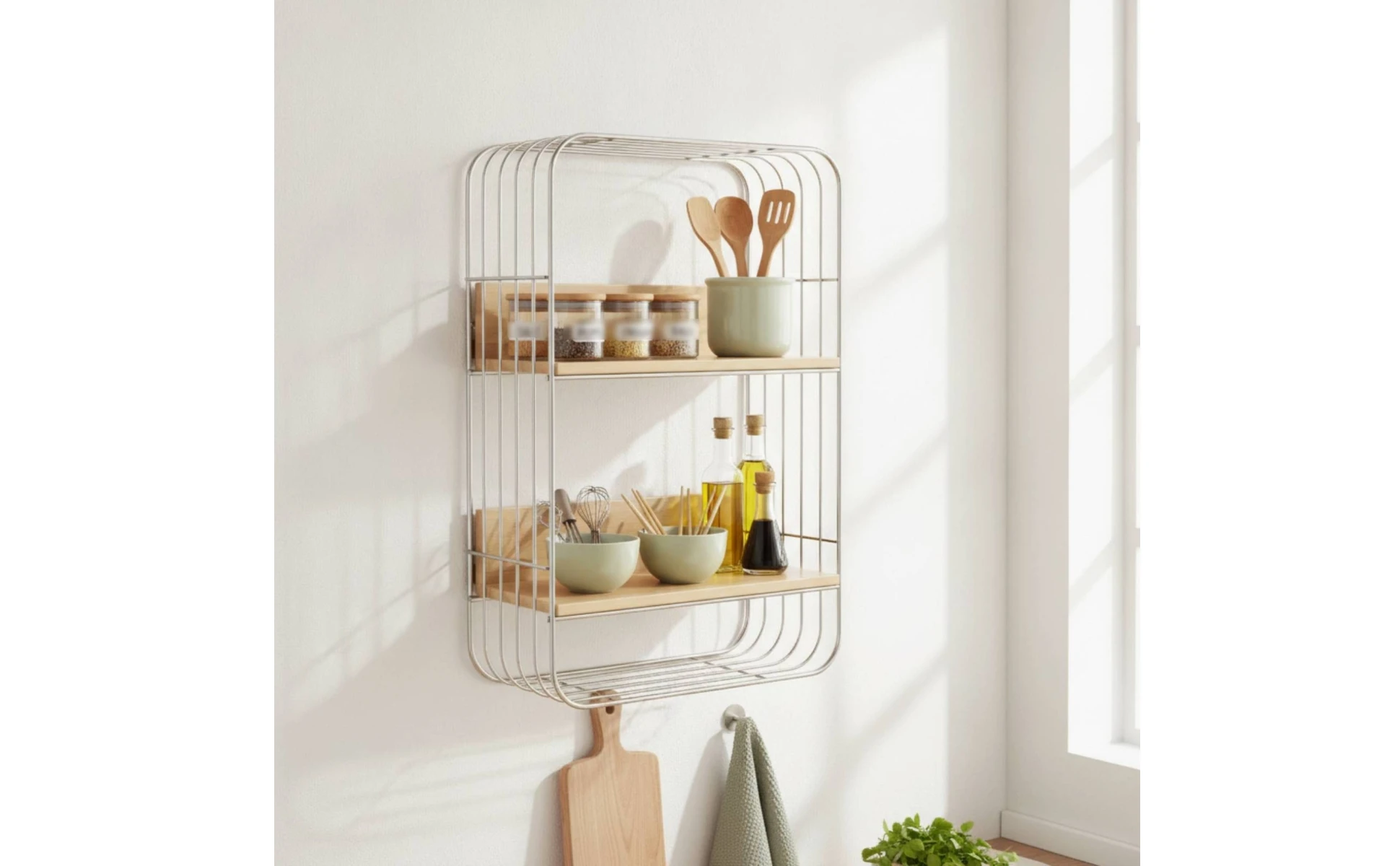 Wall-Mounted Storage Rack Two-Tier Shelf with Wooden Boards Open Shelf Rack Stainless Steel Furniture Metal Frame for Kitchen