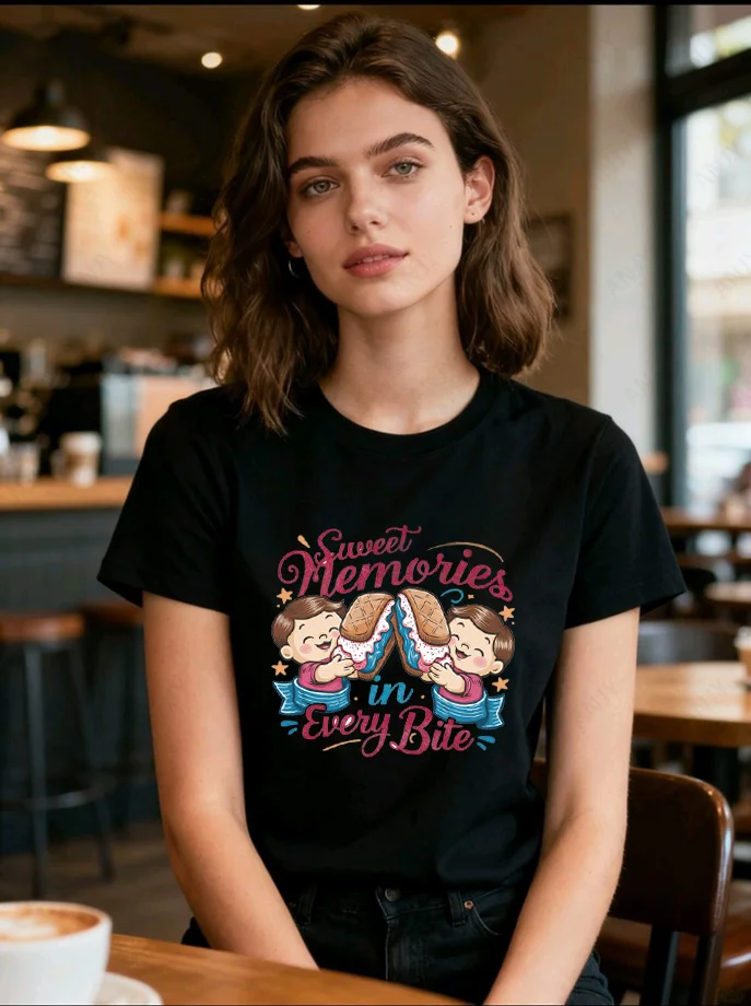 American Nostalgic Cartoon Cuisine Letter Printed Trendy Couple Cotton Short Sleeved T-shirt