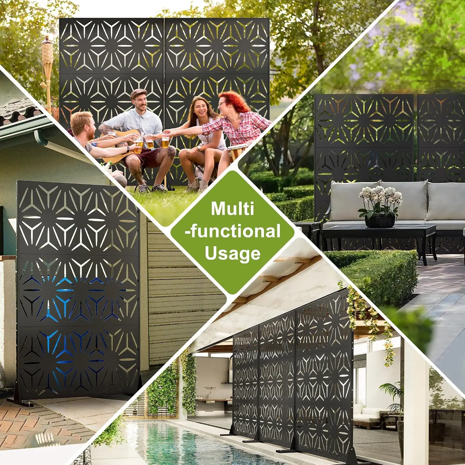 Freestanding Metal Privacy Screen 72 in H X 44 in W, Laser-Cut Galvanized Steel Outdoor Divider for Deck, Balcony, Patio, Garden & Indoor Use