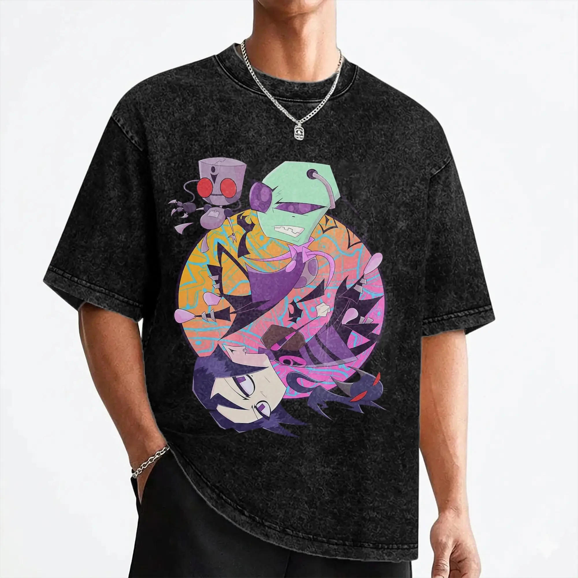Cartoon Invaders Zim Gir Washed T Shirts Streetwear Vintage T-Shirt  Tees Tops Men Women Cotton Street Printed