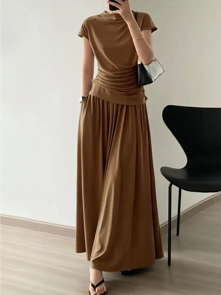 Yeezzi Women Fashion Solid Color High Waisted Ankle Length Pleated Skirts 2024 New Spring Summer Loose Casual A-Line Skirt