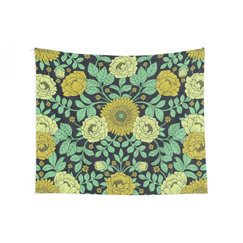 Seafoam Green, Mustard Yellow and Navy Blue Floral Tapestry Home And Comfort Decor Cute Room Decor Tapestry