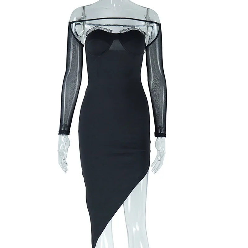 WeiYao-Vestido ajustado para mujer, empalme de malla, dobladillo asimétrico, vestido sexy de corte, traje negro de encaje, fiesta de boda elegante