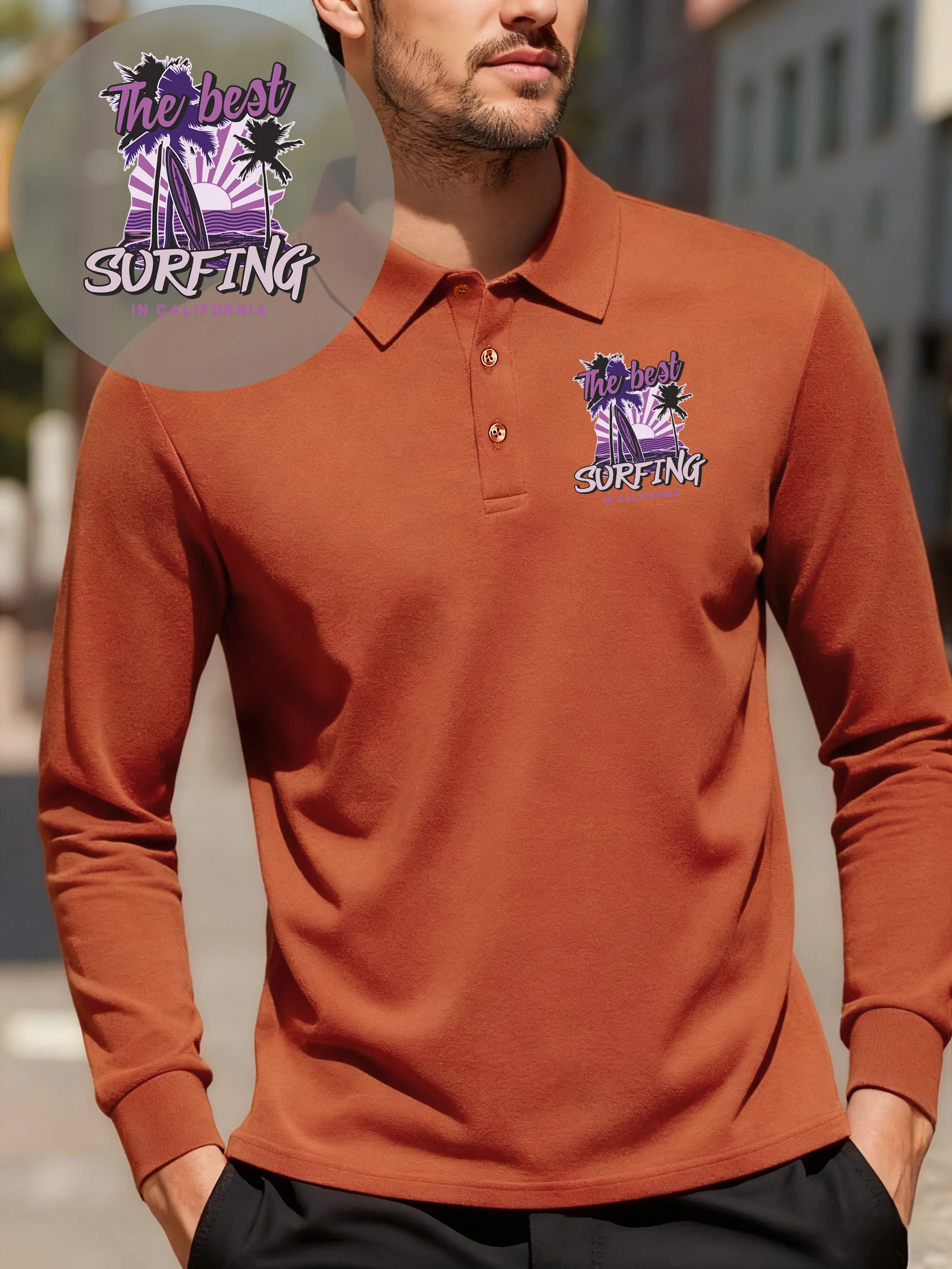 أفضل تصفح في كاليفورنيا يطبع الرجال قمصان بولو الهيب هوب الخريف تي شيرت ملابس الأعمال غير رسمية التلبيب الصوف طويلة الأكمام #3