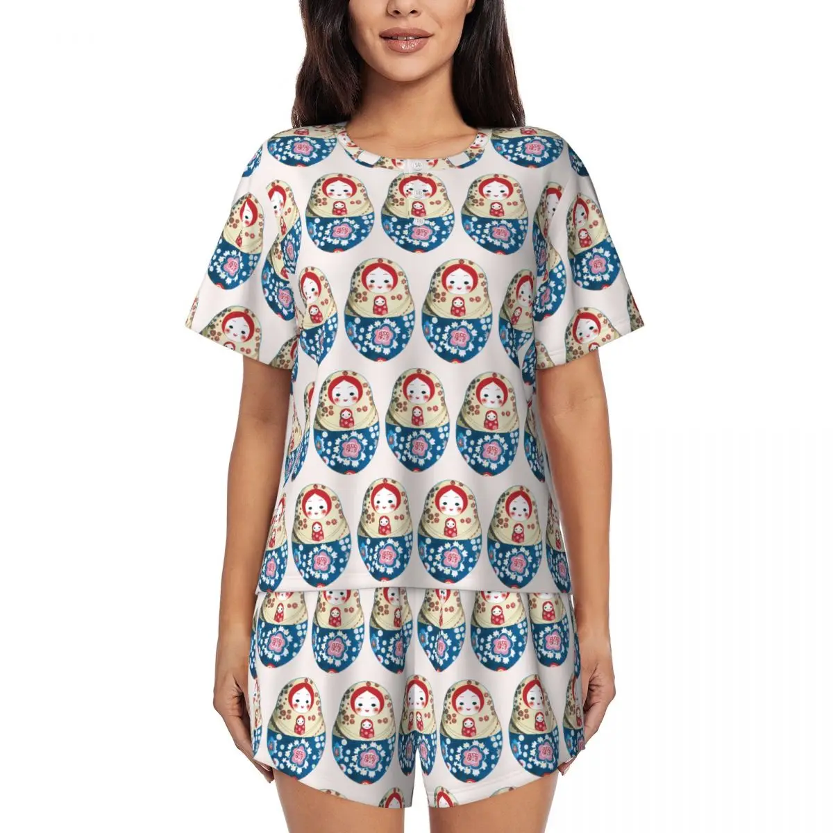 

Традиционные ночные сорочки с круглым вырезом и короткими рукавами с рисунком матрешки, женские свободные пижамные комплекты с короткими штанами