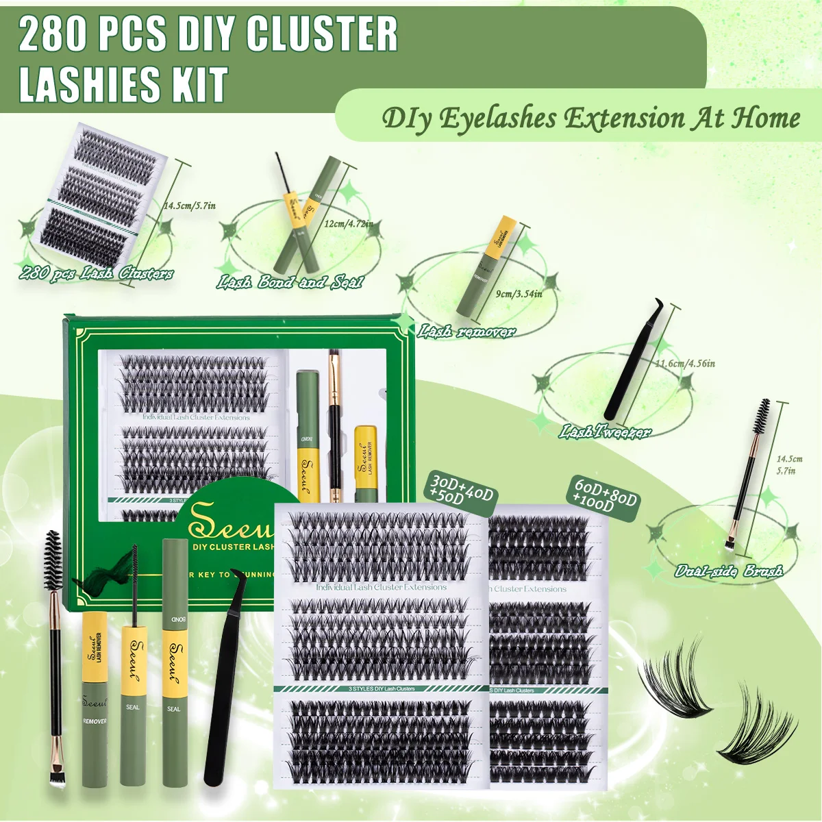 DIY Lash Extension Kit 240pcs Lash Clusters Individual Eyelashes Kit with Lash Bond & Seal Lash Tweezers Brush Lash Bond Remover
