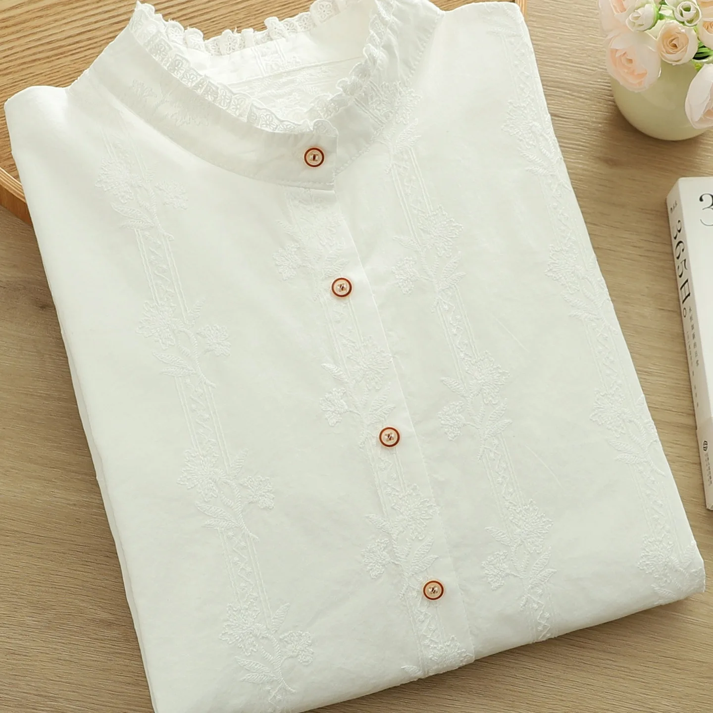 

High Quality Women 100% Cotton Blouse Shirt Lace Standing Neck Long Sleeve Shirt Women French Literary Embroidery Beautiful Top