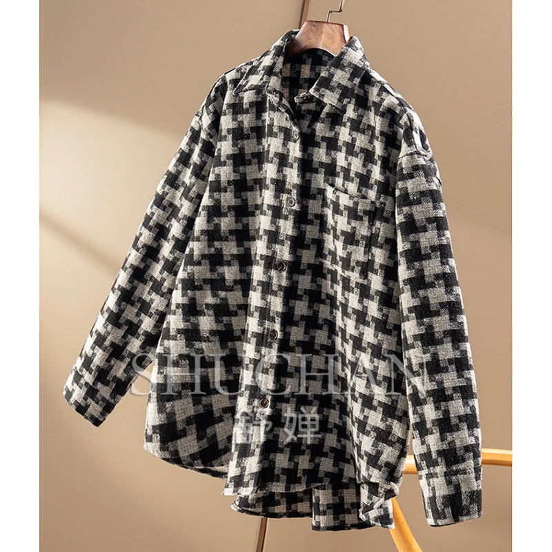 Retro French  Early Autumn Lazy Yarn-dyed Plaid Arc Pendulum Long-sleeved Shirt Jacket Women 5Y78