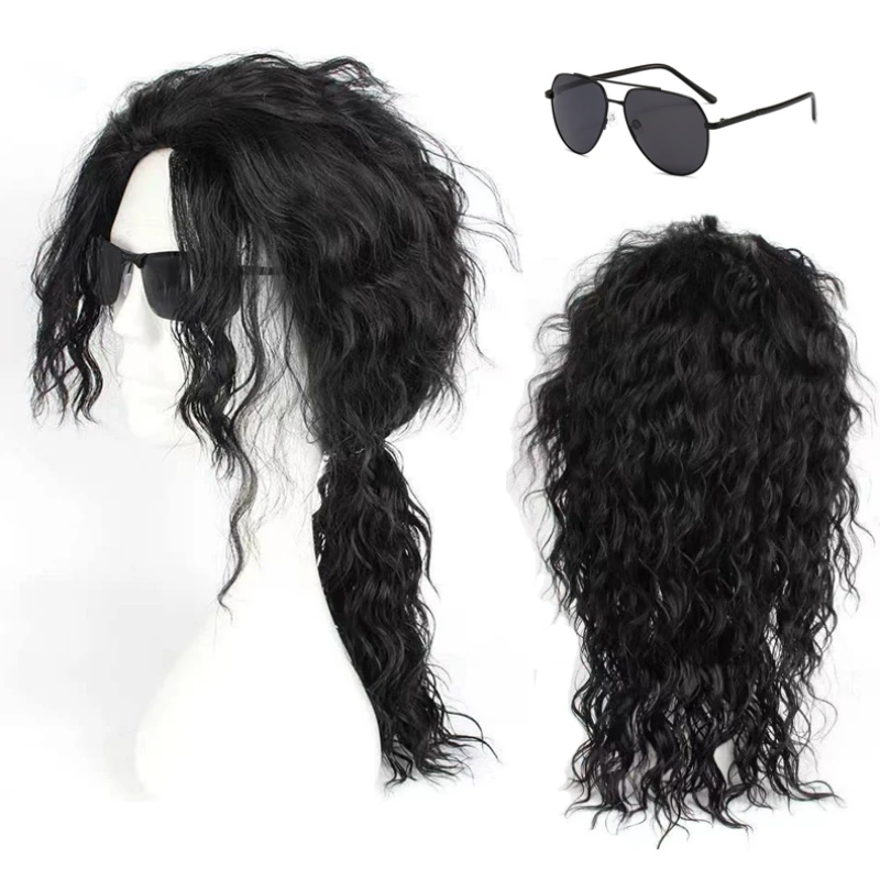 Аниме Майкл Джексон Косплей Майкл Косплей Черный парик Майкл Ролевые игры Средний длинный вьющийся парик из черных волос Хэллоуин Cos парики