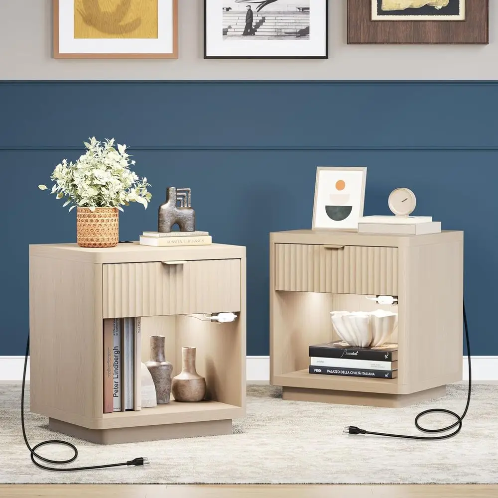 

22 Wide Dual LED Nightstand Set with Sensor, Light Wood Finish