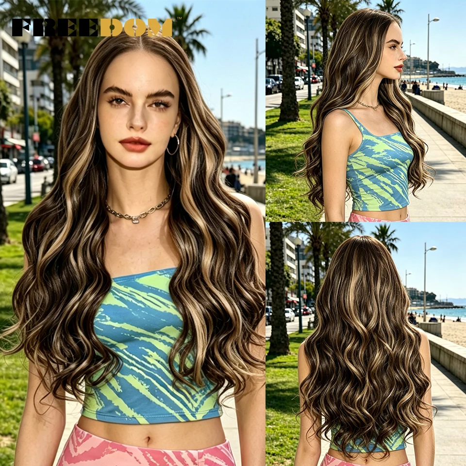 

FREEDOM 13X4 Lace Front Wigs For Women 24 Inch Synthetic Body Wave Lace Wig With Baby Hair Ombre Brown Highlight Daily Use Wig