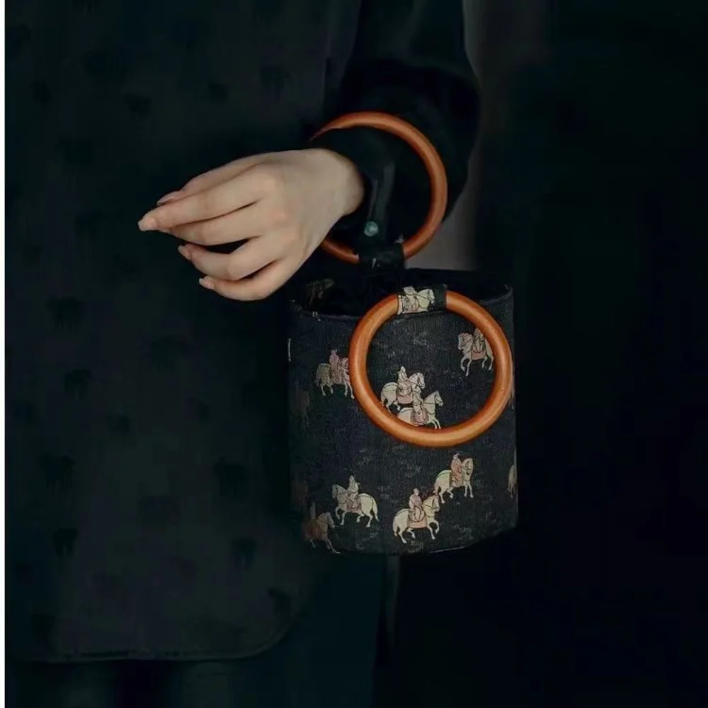 Simplicity Silk Ethnic Style Circular Ring Handbag Dacron Soft Retro Bucket Bag Chinese Versatile Handbag