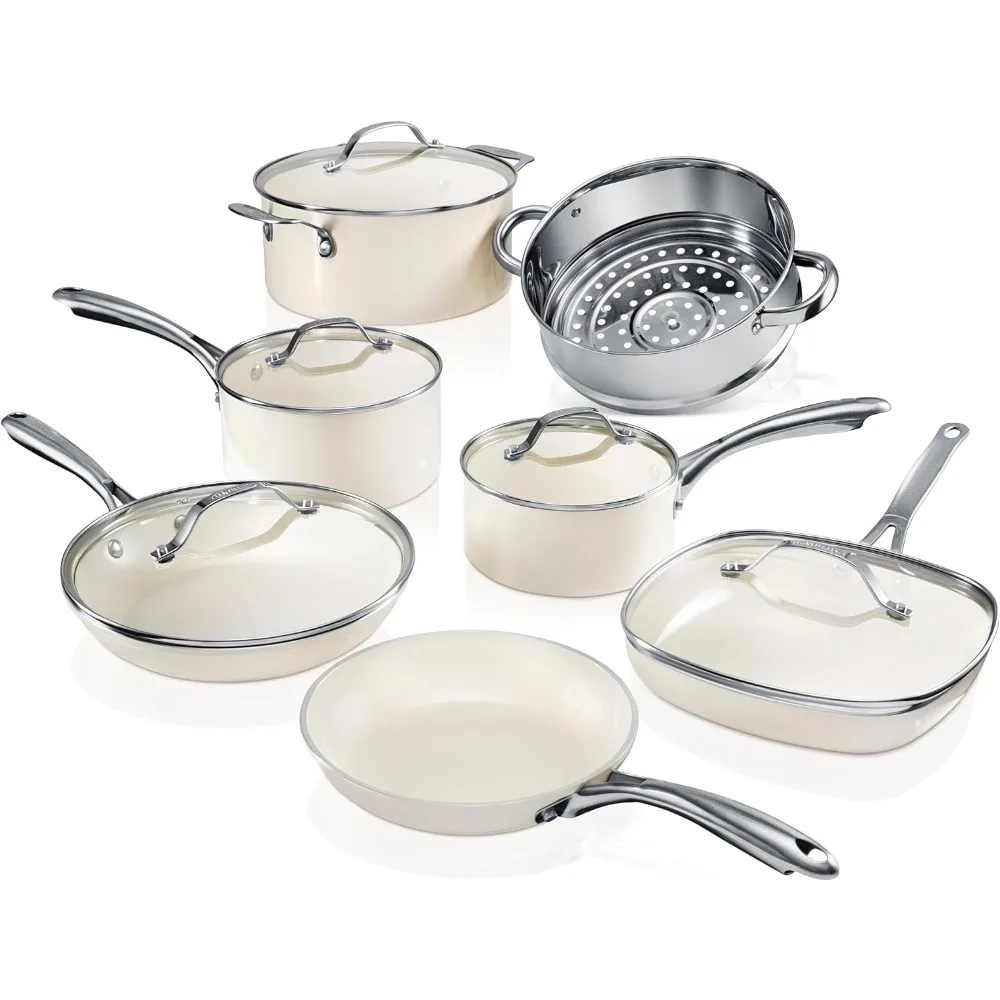 12 Pc Ceramic Pots and Pans Set Non Stick, Kitchen Cookware, Non Toxic Cookware Set, Dishwasher Safe, Cream White, free shipping