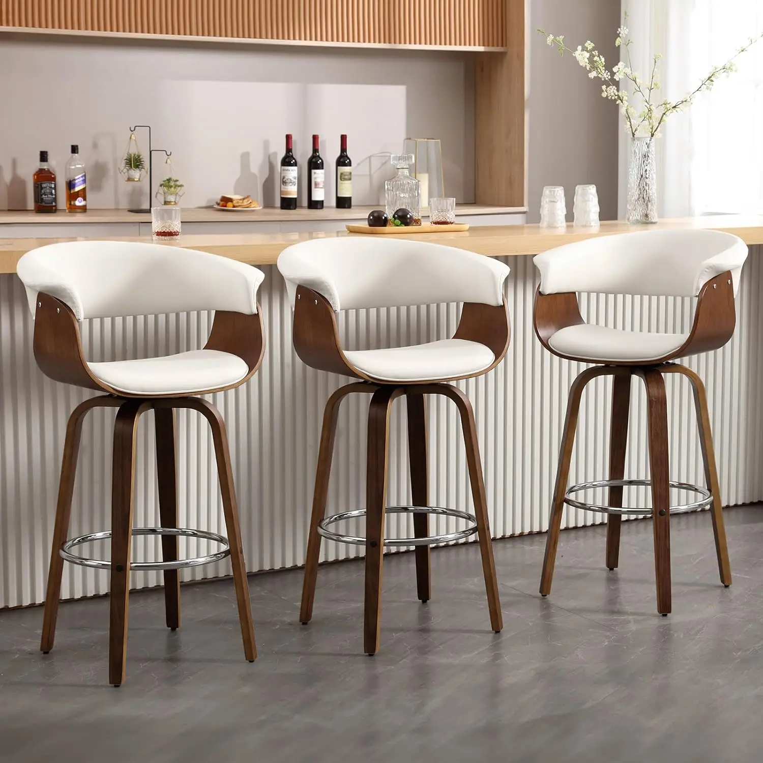 

Counter Height Bar Stools Set Of 3, Mid Century Modern Swivel Counter Stools, PU Leather Upholstered Barstools With, Customized