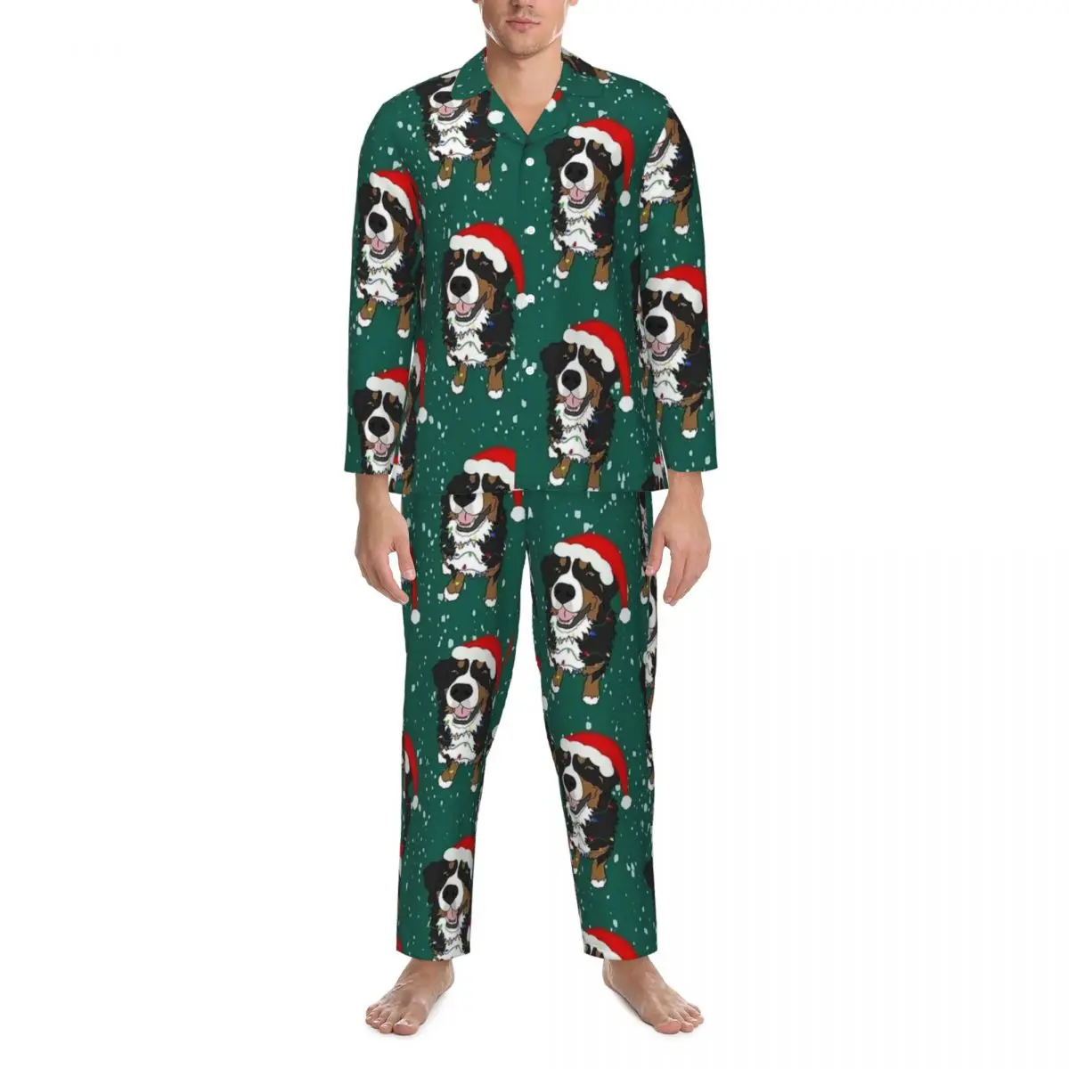 Christmas Bernese Mountain Dog Sleepwear Autumn Loose Oversized Pajamas Set Men Long-Sleeve Comfortable Home Printed Home Suit