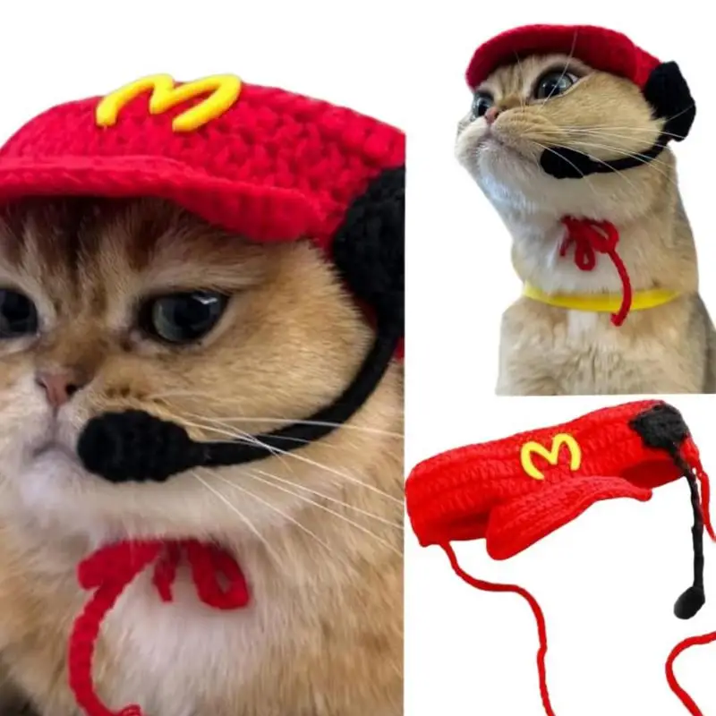 Funny Pet Hat Knitted Cat Waiter Beanie Hat Cartoon Pet Cosplay Caps for Puppy Kitten Weaving Puppy Costume Headwear Decoration