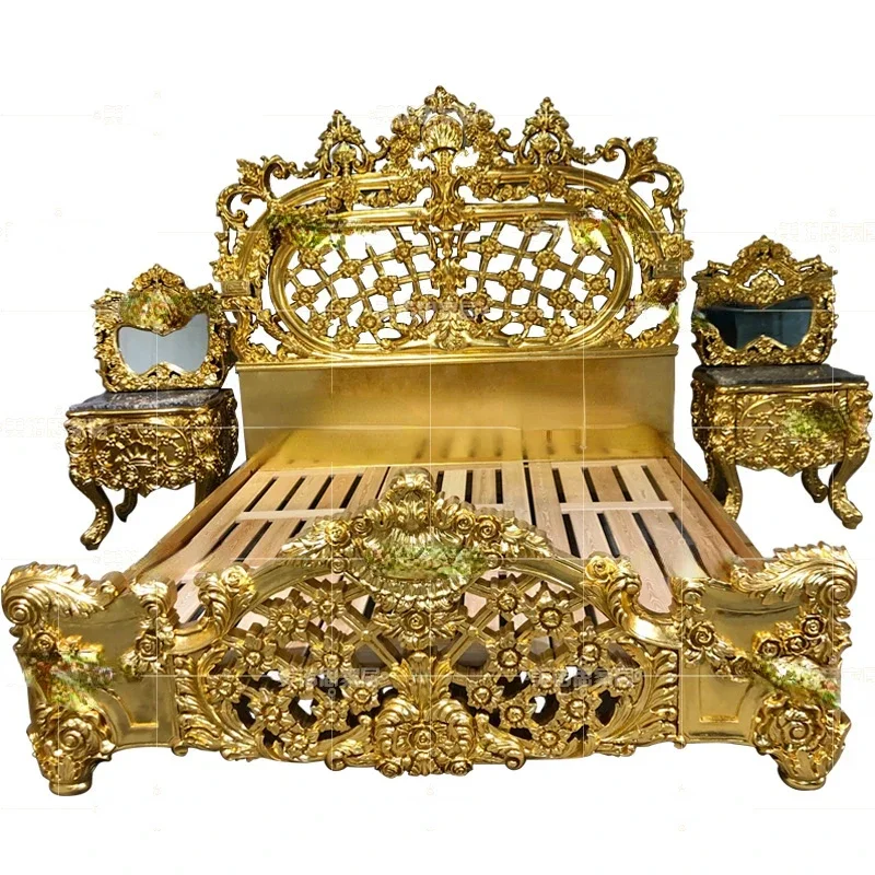 

Customized Italian European style solid wood bed double bed gold foil carved princess bed villa bedroom furniture master bedroom