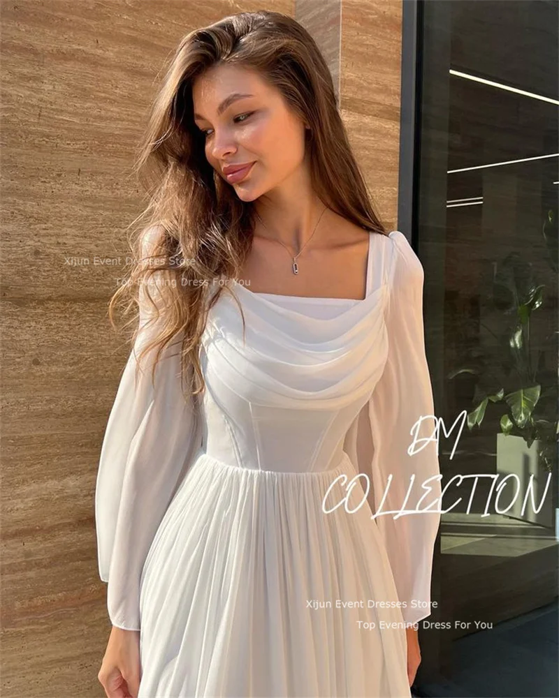 Xijun White Short Prom Dresses Ankle Length Square Collar Evening Dresses A-Line Formal Prom Gowns Full Sleeves 2023 Party Gowns