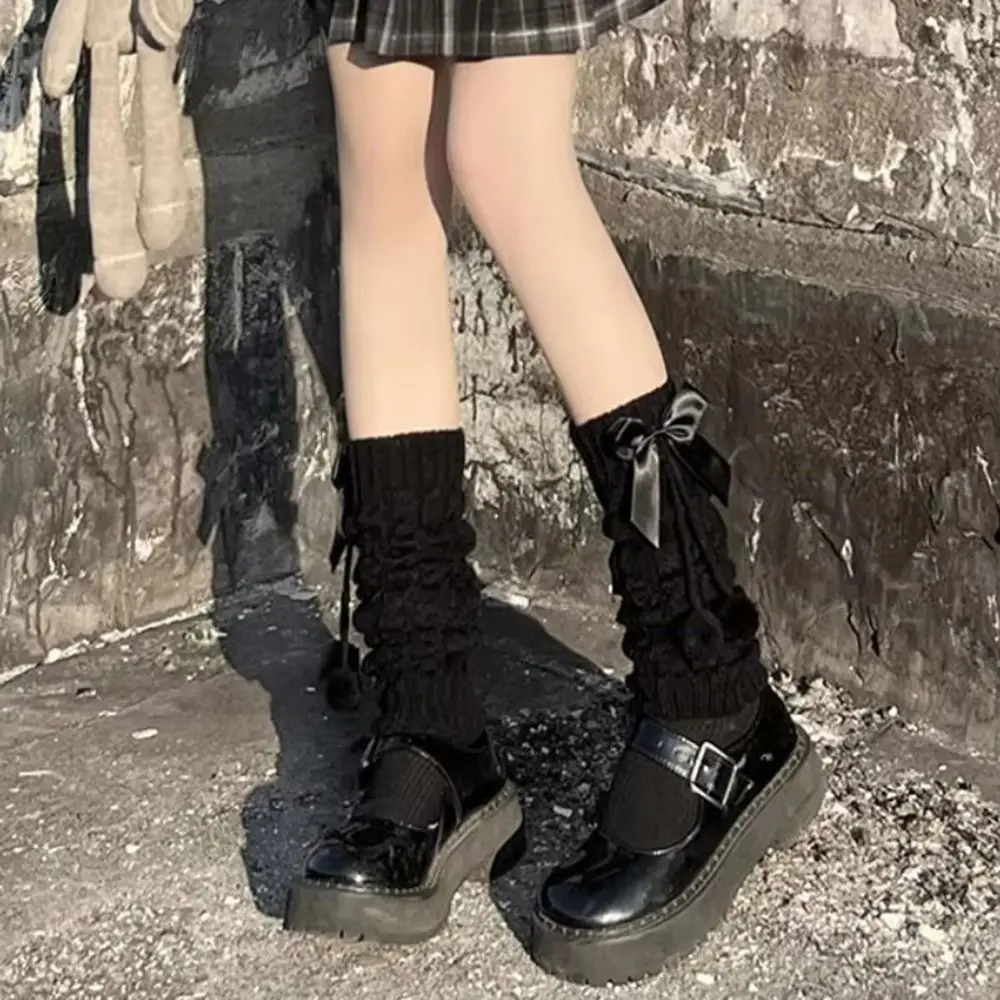 New Lolita Knitted Leg Warmers Thermal Bowknot Pom-pom Leg Warmers Fleece Lined Leg Covers