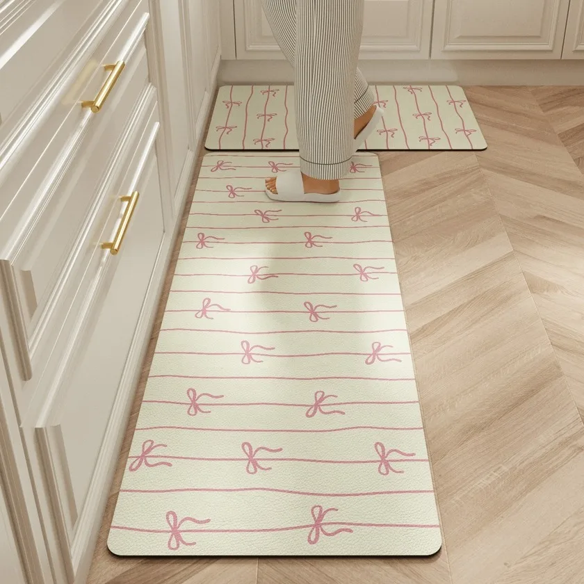 

Kitchen Carpet Waterproof Long Floor Mat Pvc Leather Oil-proof Non-slip Foot Mats Bow Cute Girl Sweet Home Decoration Rug 주방 카펫